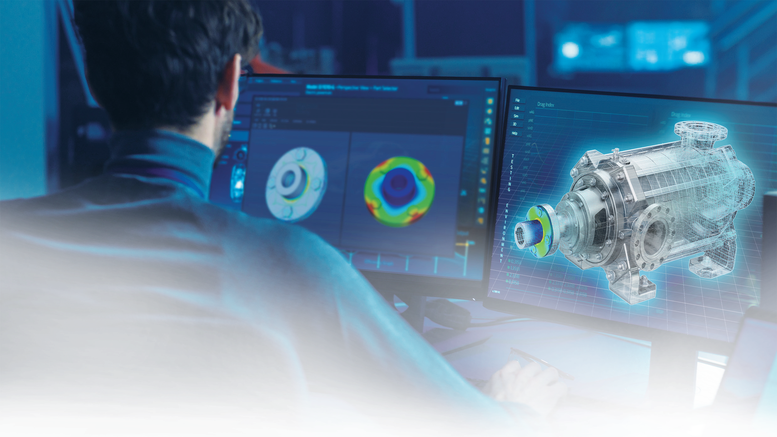 Engineer at a simulation workstation, an illustration from the SimWE brochure